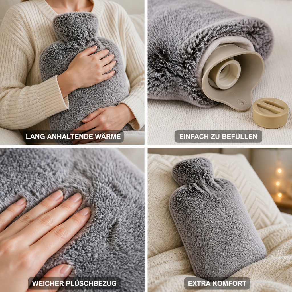 Pluche hoes rondom een warmwaterkruik voor extra zacht comfort