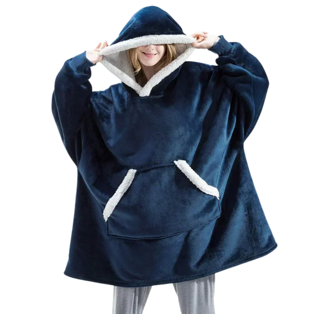 Volledig overzicht van de zachte dekenhoodie met frontzak