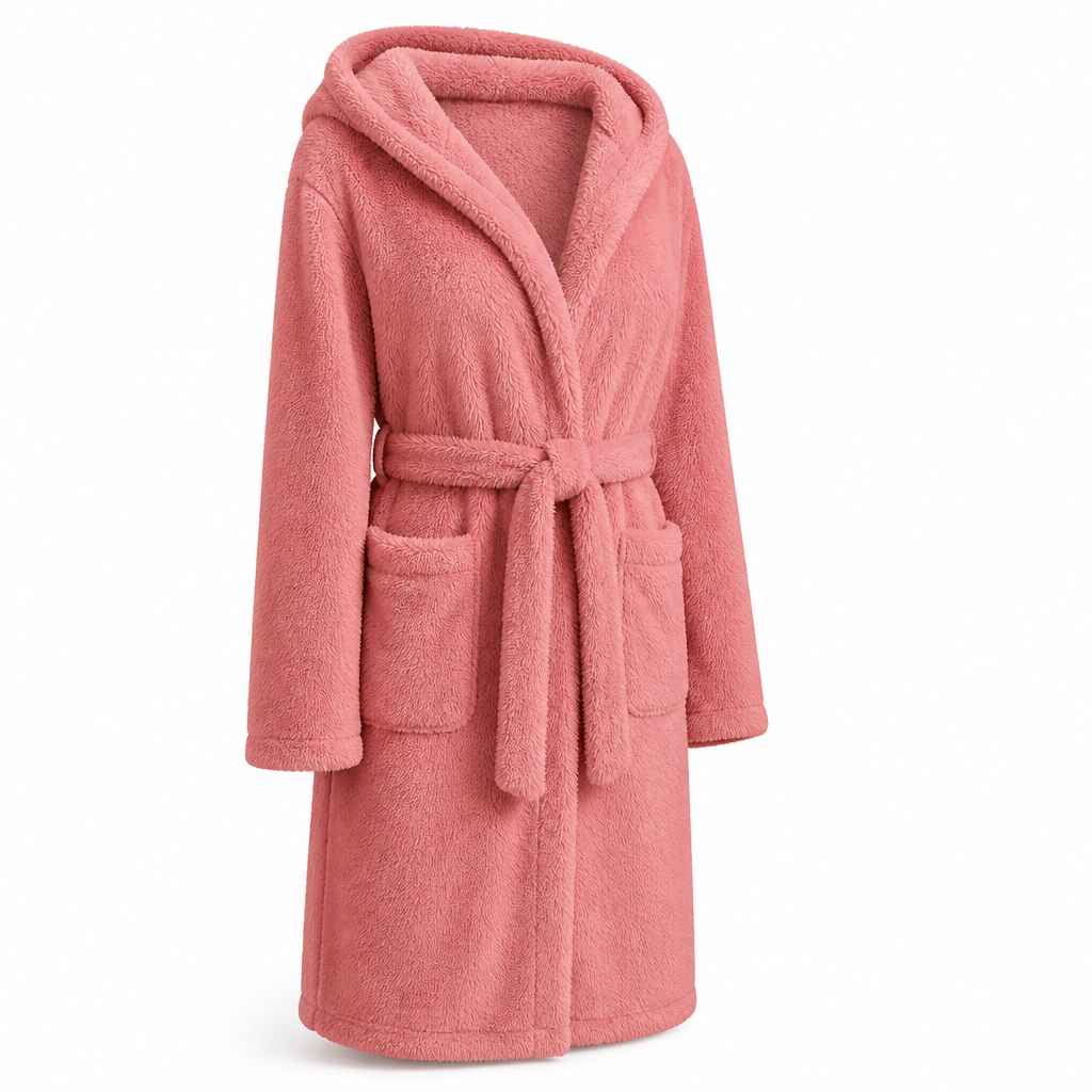 Damesbadjas | Fleece met capuchon | Verstelbare ceintuur | Kniehoog model