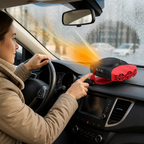 Draagbare 12V-autoverwarming naast een auto-interieur
