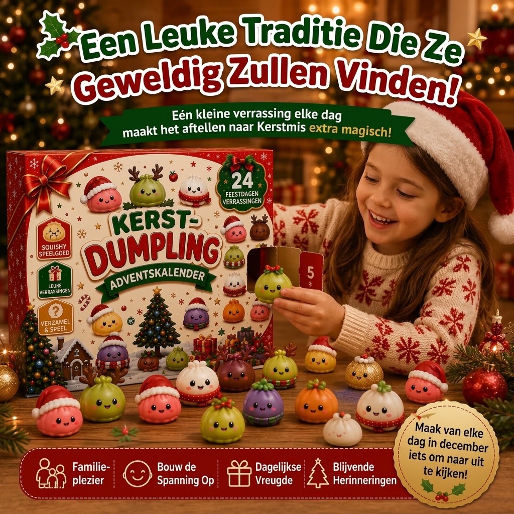 Voorkant van de dumpling squishy adventskalender met vrolijke verpakking