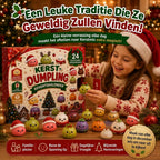 Voorkant van de dumpling squishy adventskalender met vrolijke verpakking