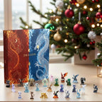 Overzicht van de adventskalender met drakenfiguren en aftelvakjes