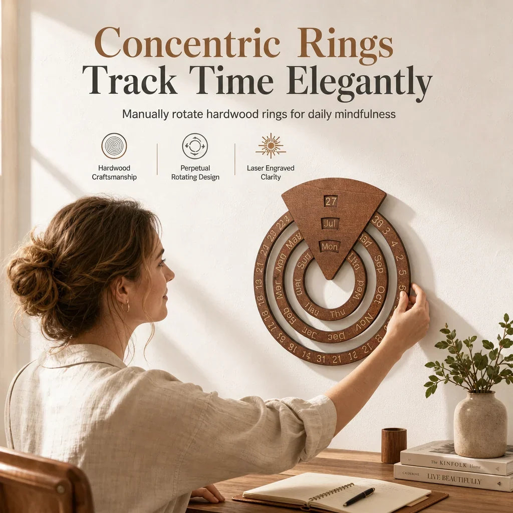 Houten kalender met draaibare datumringen in minimalistische stijl