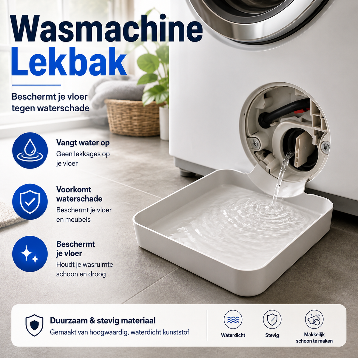 DruppelVang opvangschaal onder een wasmachinefilter voor het opvangen van water