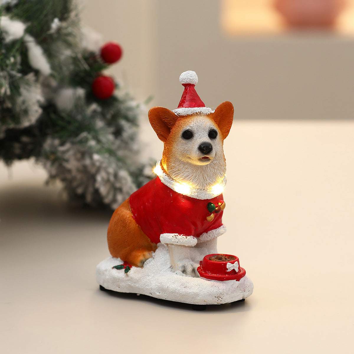 LED-hondenbeeldje als opvallende tafeldecoratie tijdens kerst