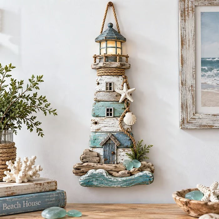 Vuurtoren Wanddecoratie | Driftwood Kuststijl | Touw- & Schelpaccenten | Verlichte Warme Licht